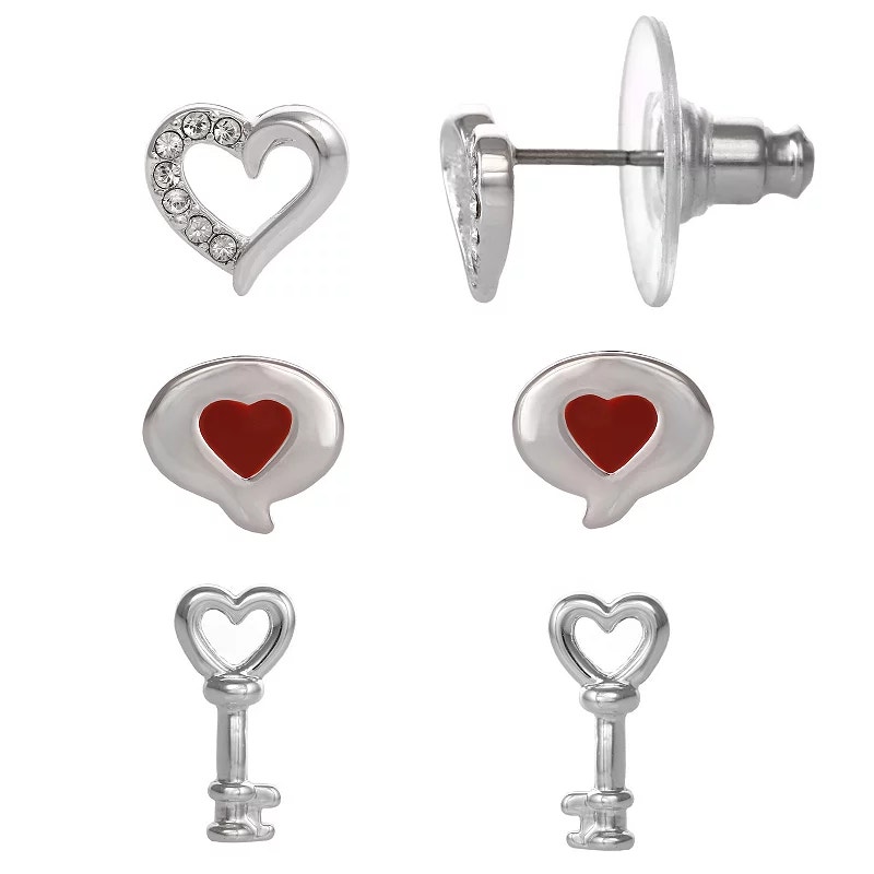 Fao Schwarz Fine Silver Plate Swarovski Heart & Key Trio Stud Earring Gift Set